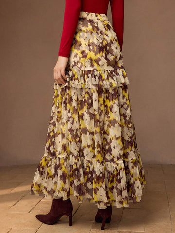 MOTF PREMIUM ALLOVER PRINT RUFFLE HEM LONG SKIRT