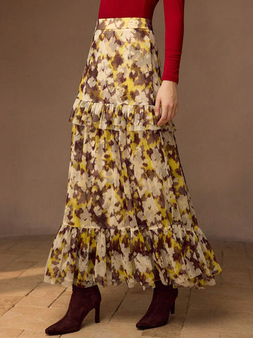 MOTF PREMIUM ALLOVER PRINT RUFFLE HEM LONG SKIRT