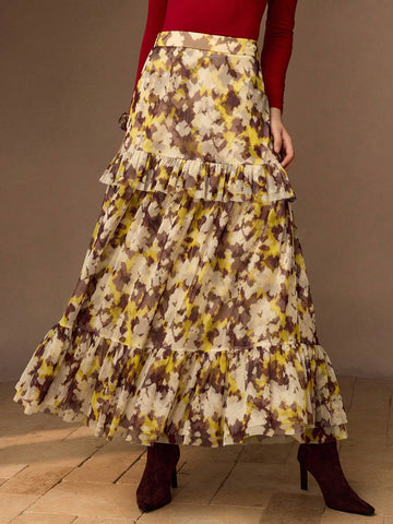 MOTF PREMIUM ALLOVER PRINT RUFFLE HEM LONG SKIRT