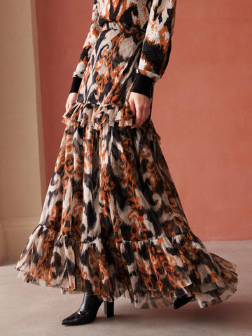MOTF PREMIUM ALLOVER PRINT RUFFLE HEM MAXI SKIRT