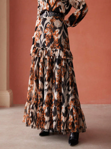 MOTF PREMIUM ALLOVER PRINT RUFFLE HEM MAXI SKIRT