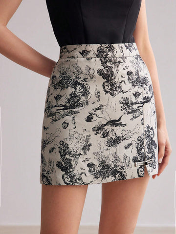 MOTF PREMIUM ALLOVER PRINT STRAIGHT SKIRT