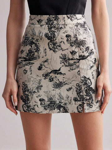 MOTF PREMIUM ALLOVER PRINT STRAIGHT SKIRT