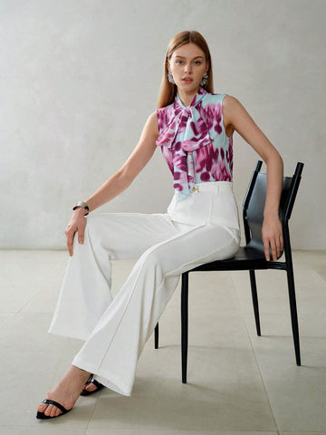 MOTF PREMIUM ALLOVER PRINT TIE NECK SLEEVELESS BLOUSE