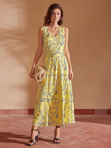 MOTF PREMIUM ALLOVER PRINT V-NECK BUCKLE BELTED DRESS