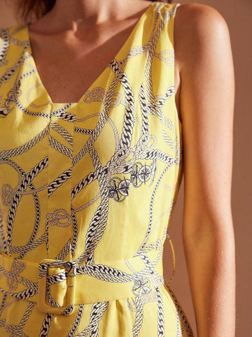 MOTF PREMIUM ALLOVER PRINT V-NECK BUCKLE BELTED DRESS