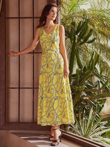 MOTF PREMIUM ALLOVER PRINT V-NECK BUCKLE BELTED DRESS