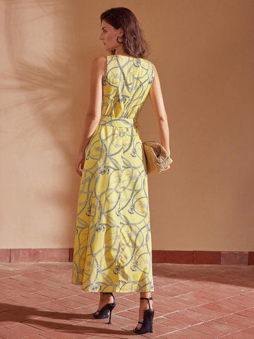 MOTF PREMIUM ALLOVER PRINT V-NECK BUCKLE BELTED DRESS