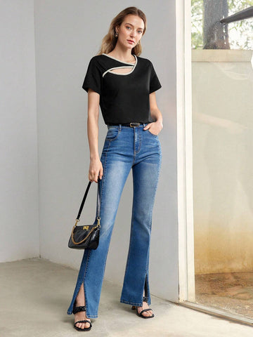 MOTF PREMIUM ASYMMETRICAL SHOULDER CONTRAST FAUX PEARL TAPE CUTOUT TEE