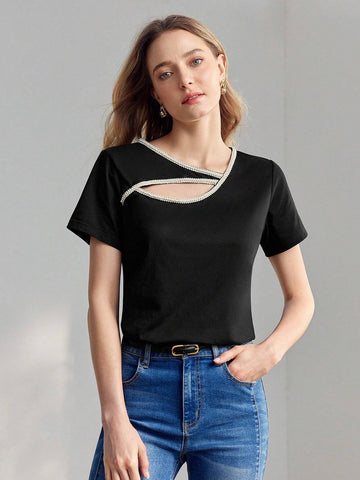 MOTF PREMIUM ASYMMETRICAL SHOULDER CONTRAST FAUX PEARL TAPE CUTOUT TEE