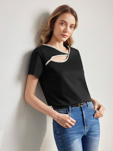 MOTF PREMIUM ASYMMETRICAL SHOULDER CONTRAST FAUX PEARL TAPE CUTOUT TEE
