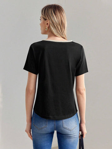 MOTF PREMIUM ASYMMETRICAL SHOULDER CONTRAST FAUX PEARL TAPE CUTOUT TEE