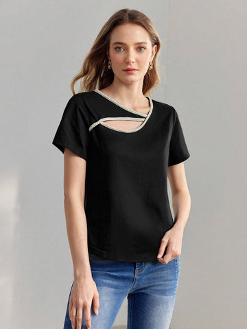 MOTF PREMIUM ASYMMETRICAL SHOULDER CONTRAST FAUX PEARL TAPE CUTOUT TEE