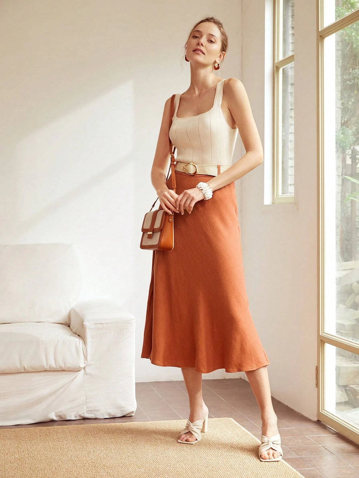 MOTF PREMIUM BELTED LINEN VISCOSE SLIP SKIRT