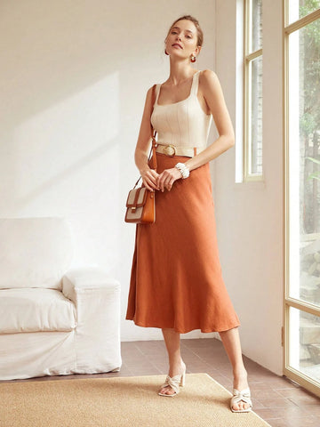 MOTF PREMIUM BELTED LINEN VISCOSE SLIP SKIRT
