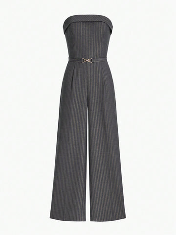 MOTF PREMIUM BELTED STRIPED STRAPLESS JUMPSUIT WITH FOLD DETAIL