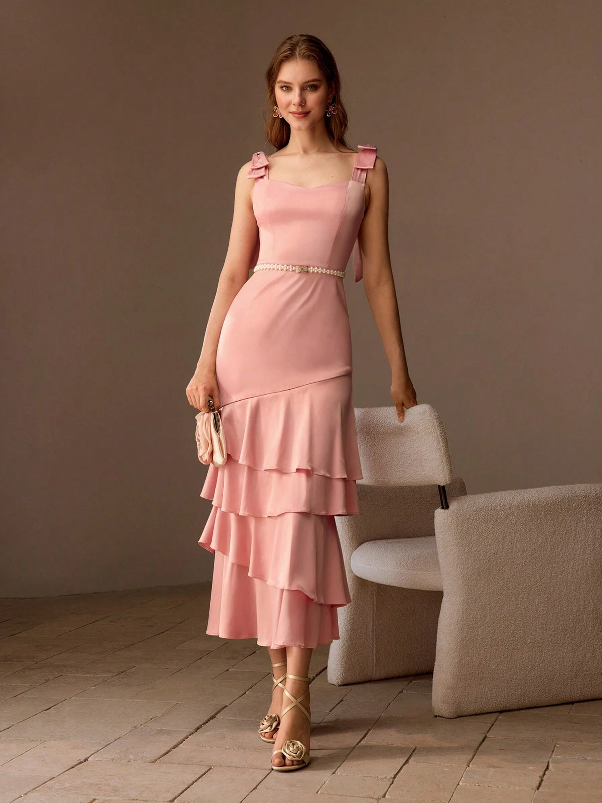 MOTF PREMIUM BOW SHOULDER LAYERED RUFFLE HEM DRESS WITHOUT BELT