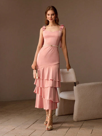 MOTF PREMIUM BOW SHOULDER LAYERED RUFFLE HEM DRESS WITHOUT BELT