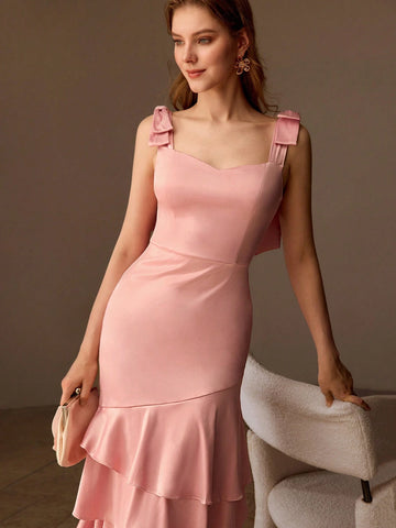 MOTF PREMIUM BOW SHOULDER LAYERED RUFFLE HEM DRESS WITHOUT BELT