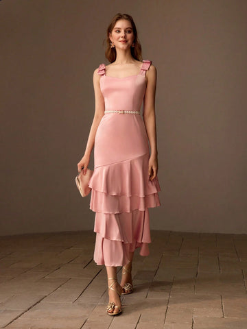 MOTF PREMIUM BOW SHOULDER LAYERED RUFFLE HEM DRESS WITHOUT BELT