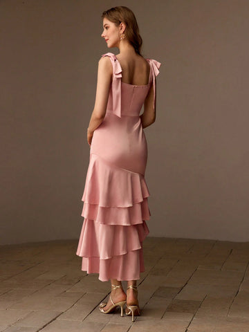 MOTF PREMIUM BOW SHOULDER LAYERED RUFFLE HEM DRESS WITHOUT BELT