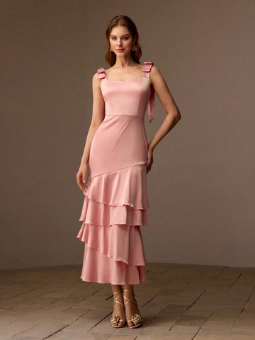 MOTF PREMIUM BOW SHOULDER LAYERED RUFFLE HEM DRESS WITHOUT BELT