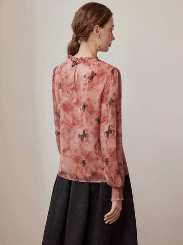 MOTF PREMIUM BUTTERFLY AND TIE DYE PRINT FRILL TRIM BLOUSE