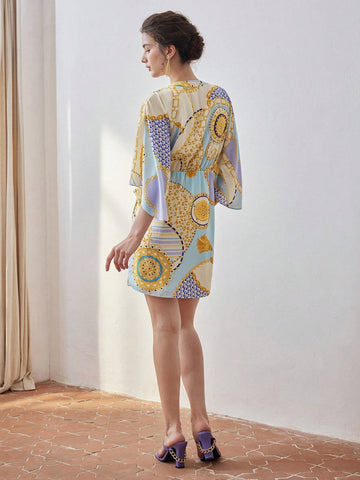 MOTF PREMIUM CHAIN PATCHWORK PRINT SURPLICE NECK WRAP KNOT SIDE DRESS