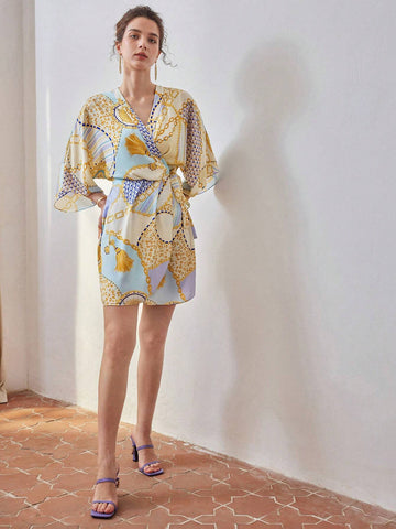 MOTF PREMIUM CHAIN PATCHWORK PRINT SURPLICE NECK WRAP KNOT SIDE DRESS