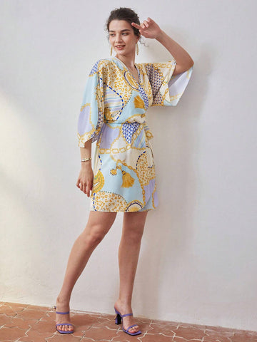 MOTF PREMIUM CHAIN PATCHWORK PRINT SURPLICE NECK WRAP KNOT SIDE DRESS