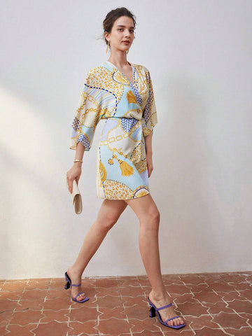 MOTF PREMIUM CHAIN PATCHWORK PRINT SURPLICE NECK WRAP KNOT SIDE DRESS