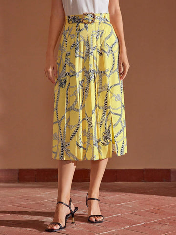MOTF PREMIUM CHAIN PRINT BUCKLE BELTED SPLIT THIGH PLEATED SKIRT
