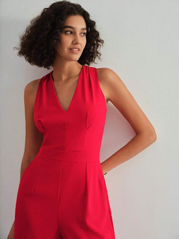 MOTF PREMIUM CLASSY V-NECK SLEEVELESS WIDE LEG JUMPSUIT