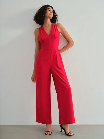 MOTF PREMIUM CLASSY V-NECK SLEEVELESS WIDE LEG JUMPSUIT