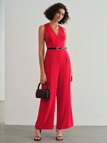 MOTF PREMIUM CLASSY V-NECK SLEEVELESS WIDE LEG JUMPSUIT