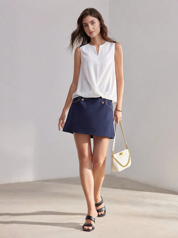 MOTF PREMIUM COLORBLOCK NOTCH NECK CROSS WRAP BLOUSE