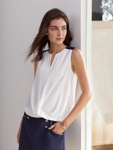 MOTF PREMIUM COLORBLOCK NOTCH NECK CROSS WRAP BLOUSE