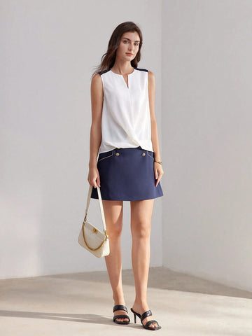 MOTF PREMIUM COLORBLOCK NOTCH NECK CROSS WRAP BLOUSE