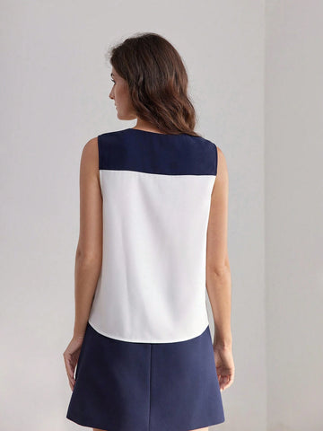 MOTF PREMIUM COLORBLOCK NOTCH NECK CROSS WRAP BLOUSE