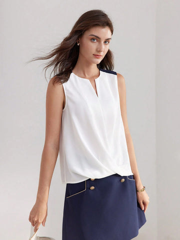 MOTF PREMIUM COLORBLOCK NOTCH NECK CROSS WRAP BLOUSE