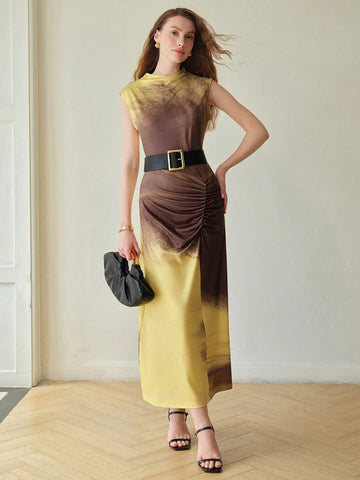 MOTF PREMIUM COLORBLOCK RUCHED SLEEVELESS DRESS