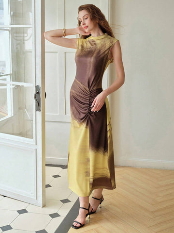 MOTF PREMIUM COLORBLOCK RUCHED SLEEVELESS DRESS
