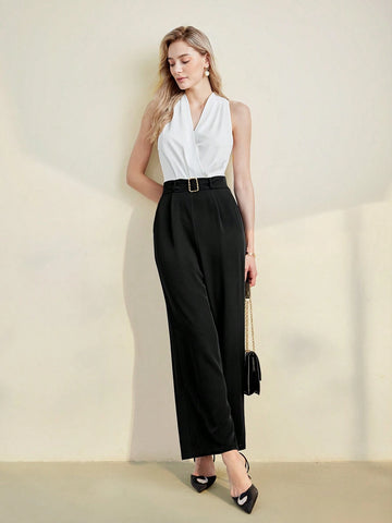 MOTF PREMIUM COLORBLOCK SLANT POCKET WIDE LEG JUMPSUIT