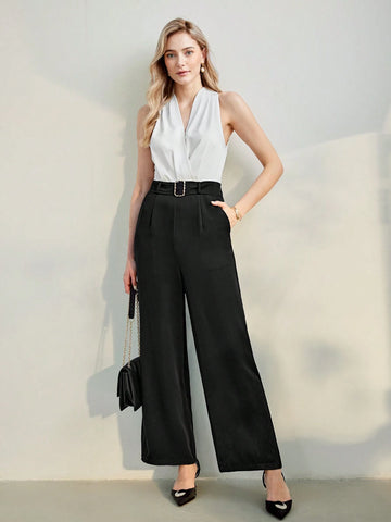 MOTF PREMIUM COLORBLOCK SLANT POCKET WIDE LEG JUMPSUIT