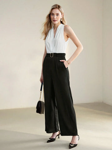 MOTF PREMIUM COLORBLOCK SLANT POCKET WIDE LEG JUMPSUIT