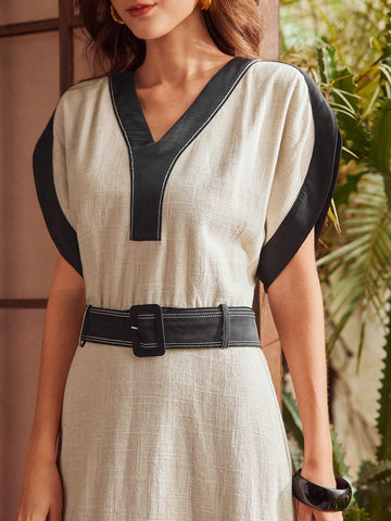 MOTF PREMIUM COLORBLOCK V-NECK BATWING SLEEVE BUCKLE BELTED DRESS