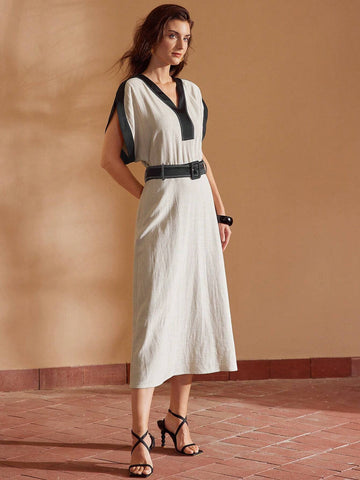 MOTF PREMIUM COLORBLOCK V-NECK BATWING SLEEVE BUCKLE BELTED DRESS