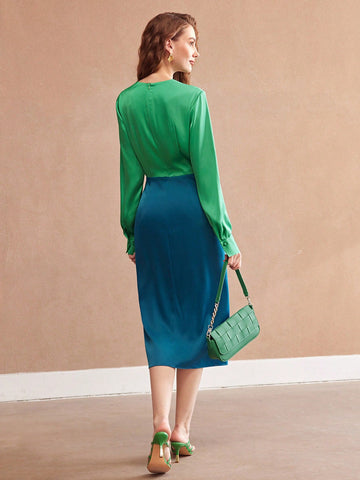 MOTF PREMIUM CONTRASTING COLOR WOVEN WRAP NECKLINE DRESS