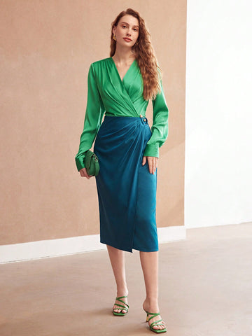 MOTF PREMIUM CONTRASTING COLOR WOVEN WRAP NECKLINE DRESS