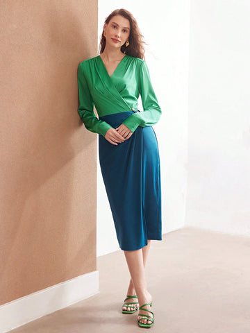MOTF PREMIUM CONTRASTING COLOR WOVEN WRAP NECKLINE DRESS